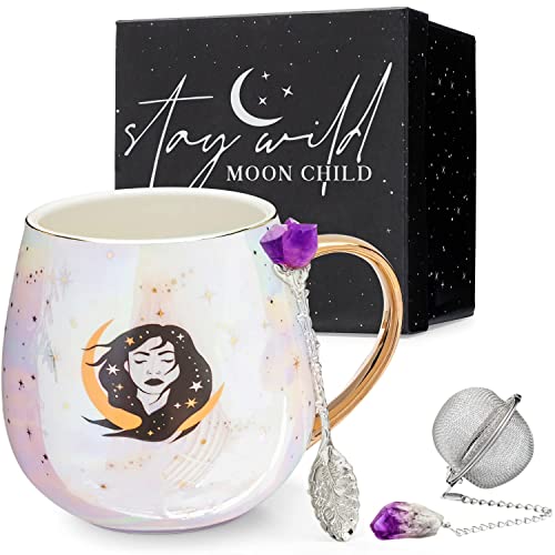 Holy Santo Stay Wild Moon Child Witch Mug Gift Set - Includes 500mL Witchy Mug, Crystal Spoon, Crystal Tea Infuser, and Tea Leaf Reading E-Book - Large Divination Tea Cup Witch Tea Set For Witch Gifts