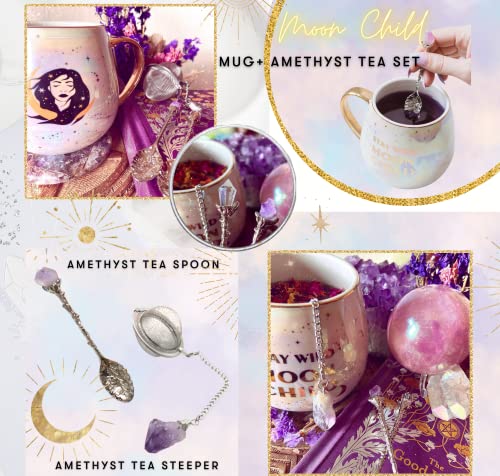 Holy Santo Stay Wild Moon Child Witch Mug Gift Set - Includes 500mL Witchy Mug, Crystal Spoon, Crystal Tea Infuser, and Tea Leaf Reading E-Book - Large Divination Tea Cup Witch Tea Set For Witch Gifts