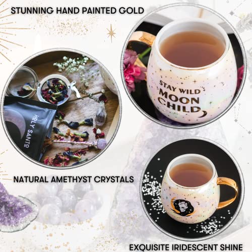 Holy Santo Stay Wild Moon Child Witch Mug Gift Set - Includes 500mL Witchy Mug, Crystal Spoon, Crystal Tea Infuser, and Tea Leaf Reading E-Book - Large Divination Tea Cup Witch Tea Set For Witch Gifts