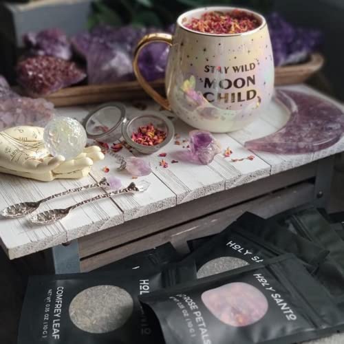 Holy Santo Stay Wild Moon Child Witch Mug Gift Set - Includes 500mL Witchy Mug, Crystal Spoon, Crystal Tea Infuser, and Tea Leaf Reading E-Book - Large Divination Tea Cup Witch Tea Set For Witch Gifts