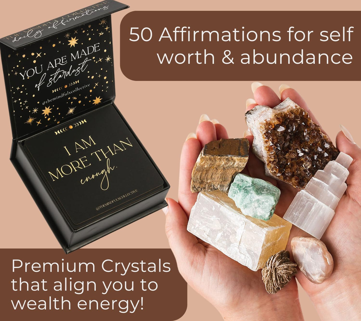 Healing Crystals and Stones. Healing Crystal Set with 50 Affirmation Cards. Gemstones, Real Crystal Stones for Reiki, Meditation Accessories, Spiritual Gifts for Women