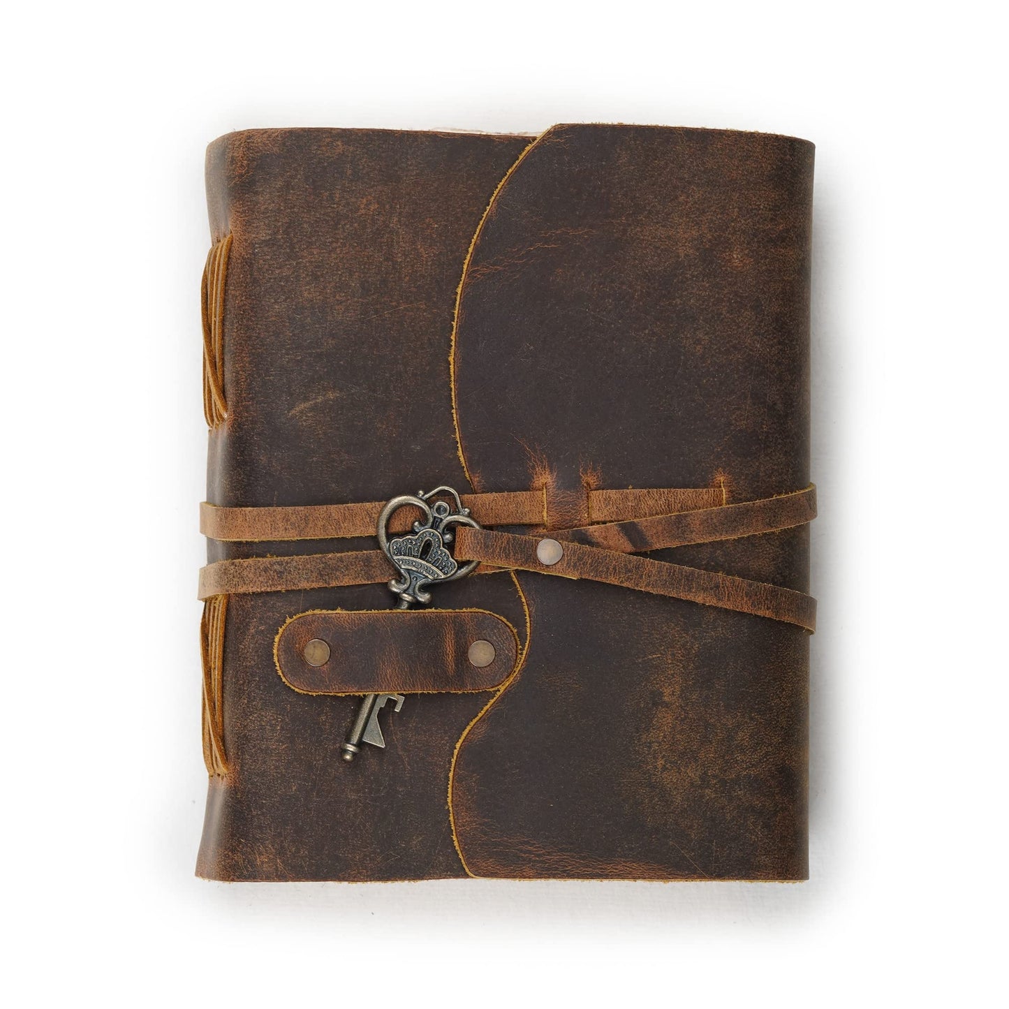 Vintage Leather Journal – 200 Handmade Vintage Deckle Edge Paper – Leather bound Journal For Women Men – Vintage Key Closure - Book of Shadows - Cappuccuno Brown - 6X4 inches (A6)