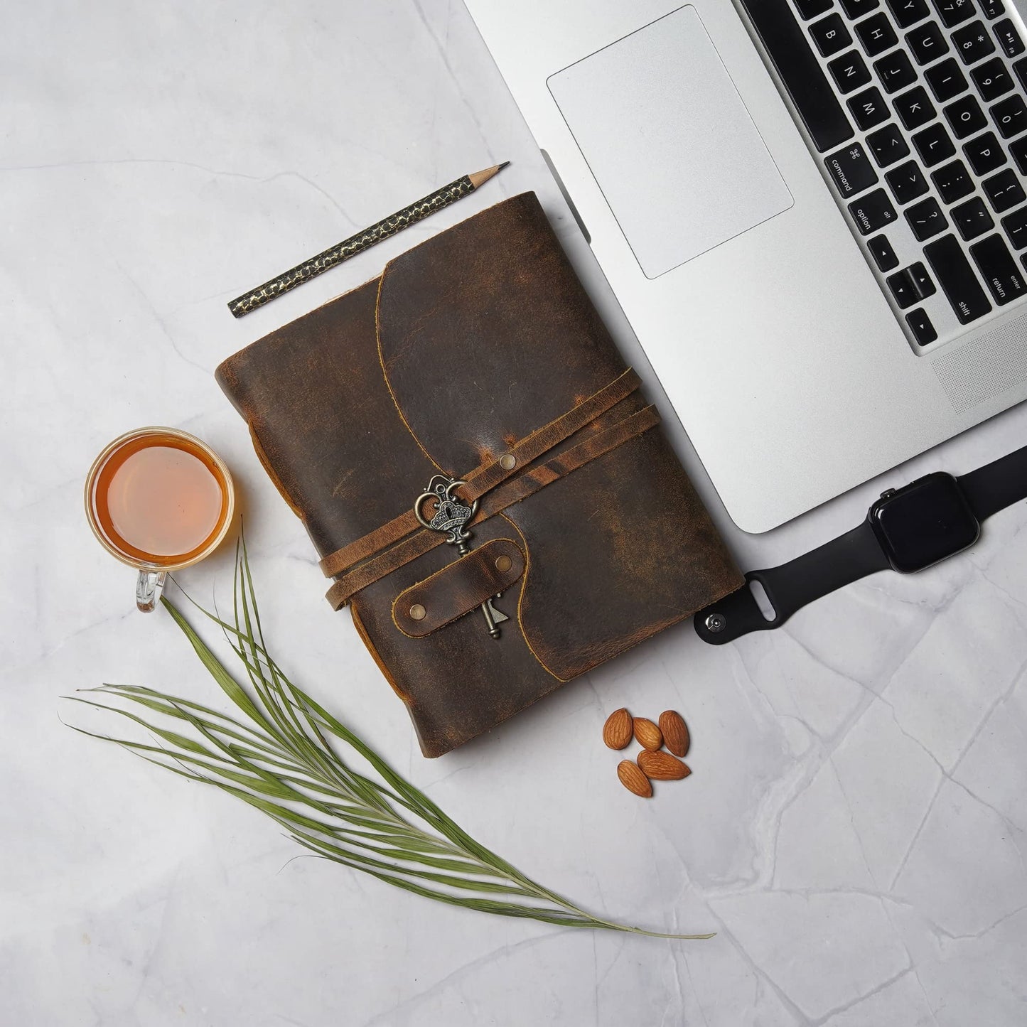 Vintage Leather Journal – 200 Handmade Vintage Deckle Edge Paper – Leather bound Journal For Women Men – Vintage Key Closure - Book of Shadows - Cappuccuno Brown - 6X4 inches (A6)