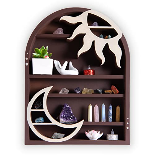 Moon & Sun Crystal Shelf Display - Wooden Crescent Moon Shelf Crystal Holder for Stone Display