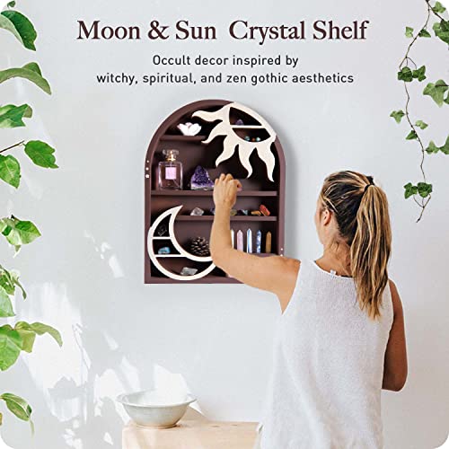 Moon & Sun Crystal Shelf Display - Wooden Crescent Moon Shelf Crystal Holder for Stone Display